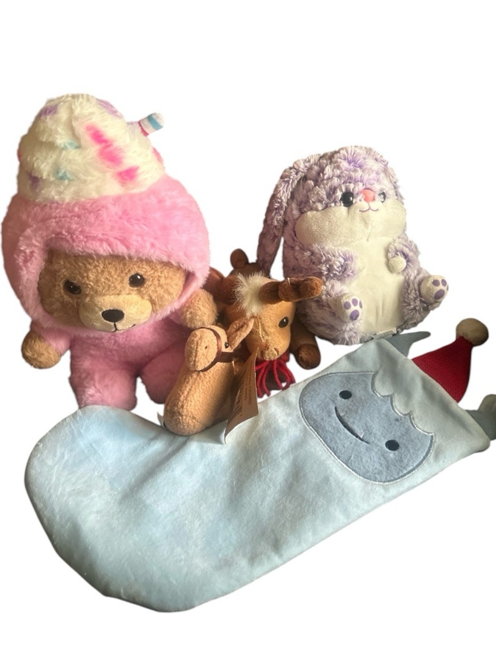 Plush Kids Toy Set - Pink Bear, Purple Bunny, Brown Reindeer & Blue Stocking
